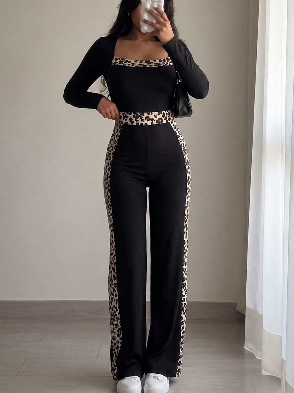 Leopard Trim Long Sleeve Jumpsuit